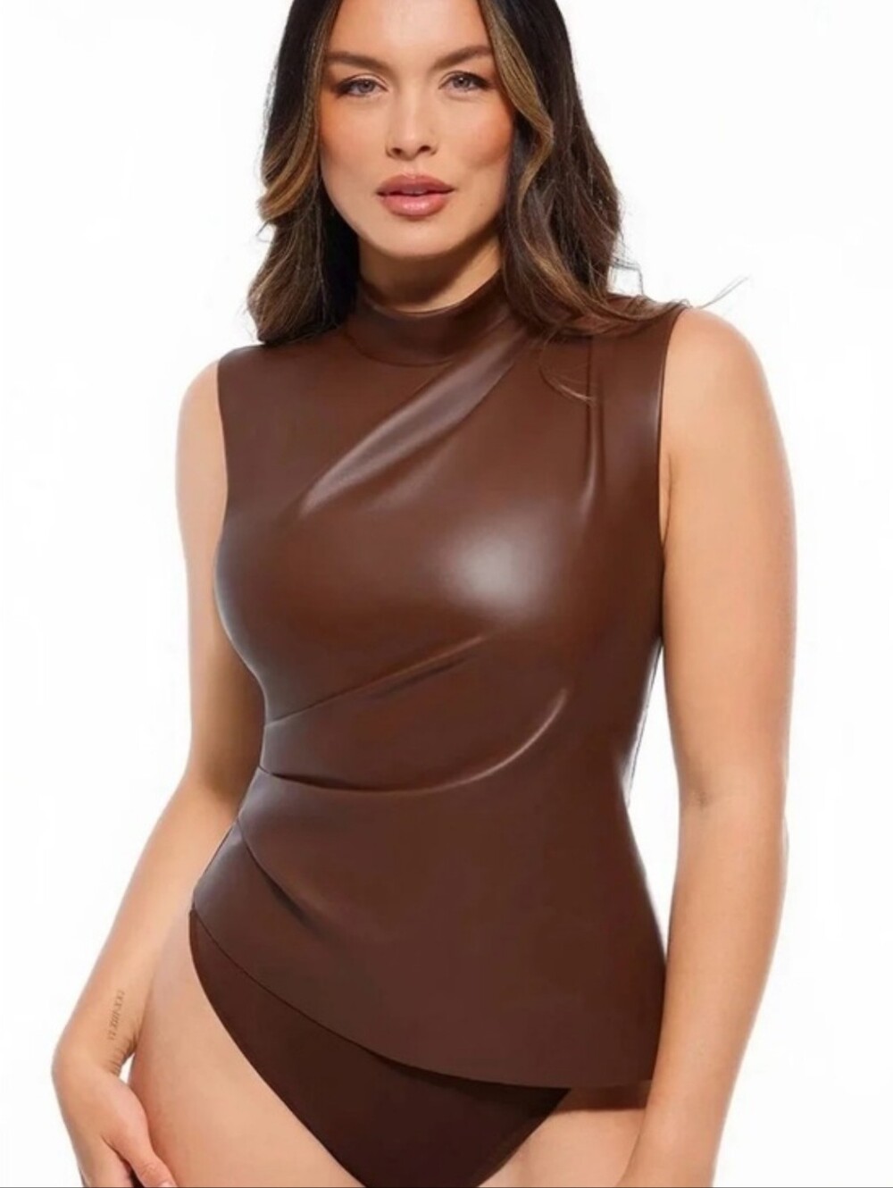 NWT Popilush Faux Leather Sleeveless Mock Neck Thong Bodysuit Top Tank Shirt New